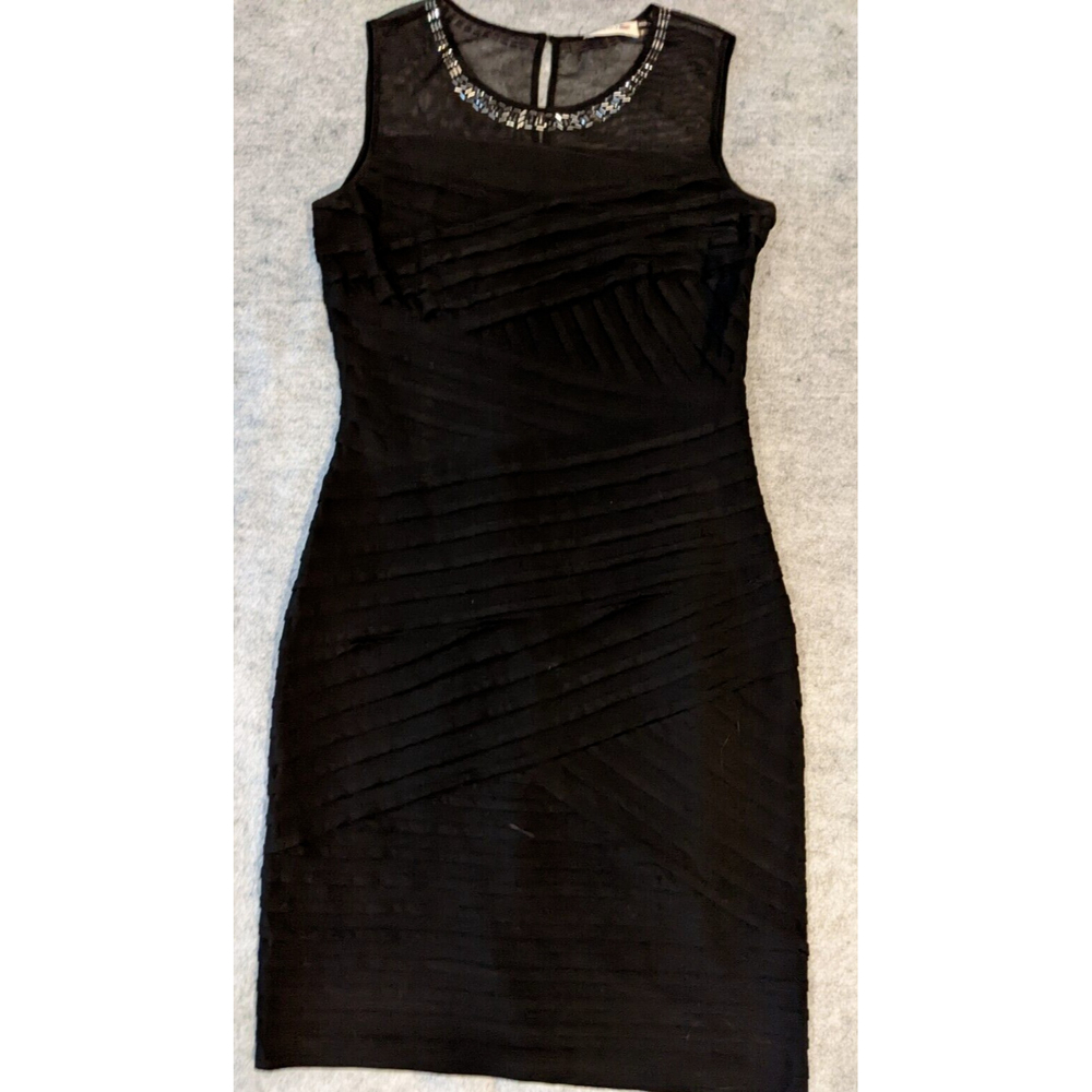 Calvin Klein Dress 6 Petite Black Formal Bead Neck Side Zip Mesh Back Designer